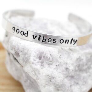 Good Vibes Only - Hand Stamped Anodized Aluminum Bangle - Adjustable